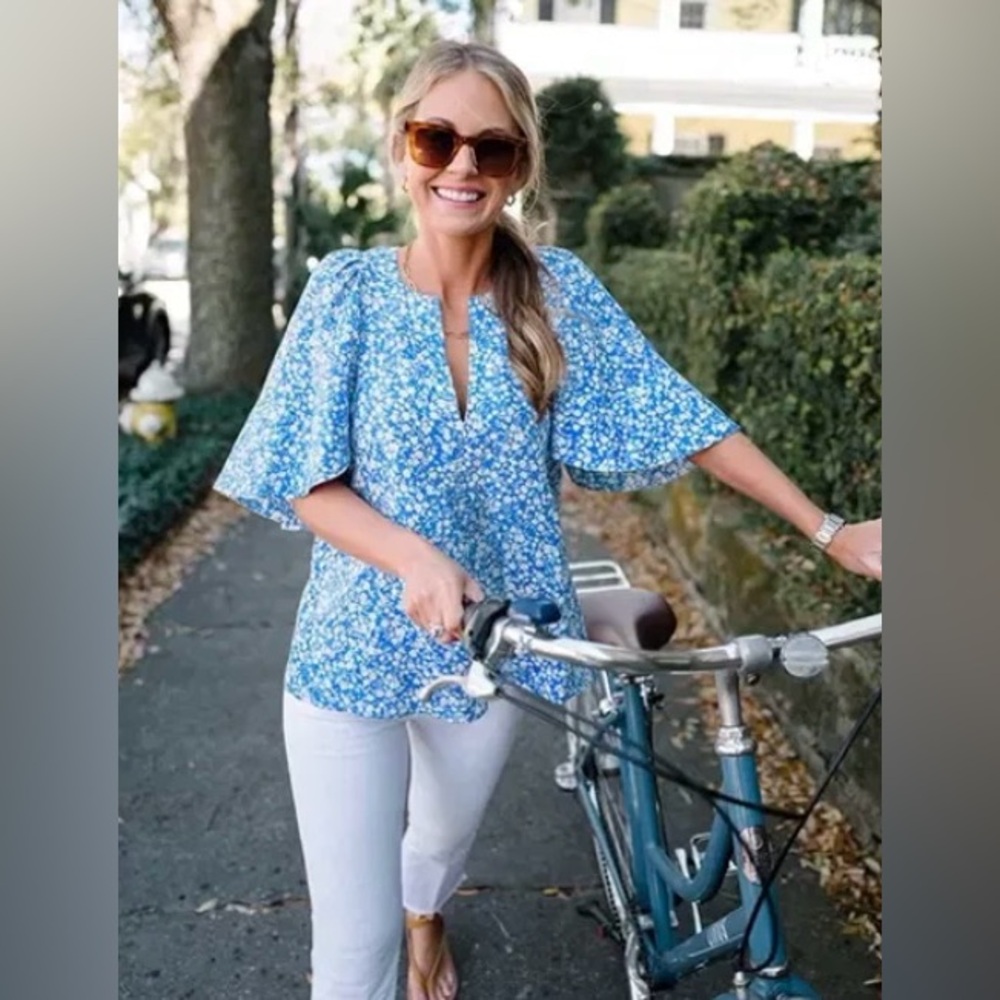 Tuckernuck Blue Floral Split-Neck Blouse